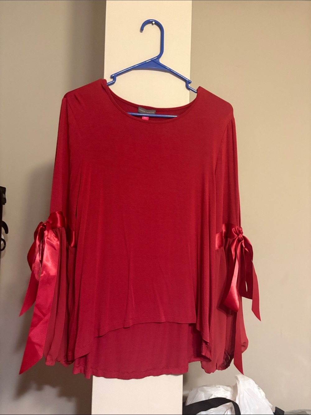 Vince Camuto high low blown half sheer sleeve with bow shirt size M #49